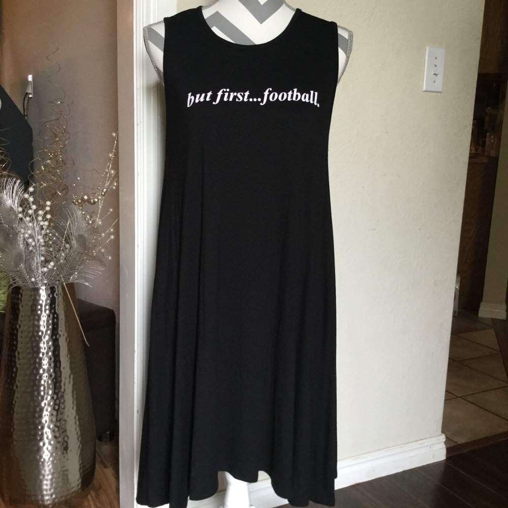 LivyLu Black sleeveless logo dress that says "But first football" in white.